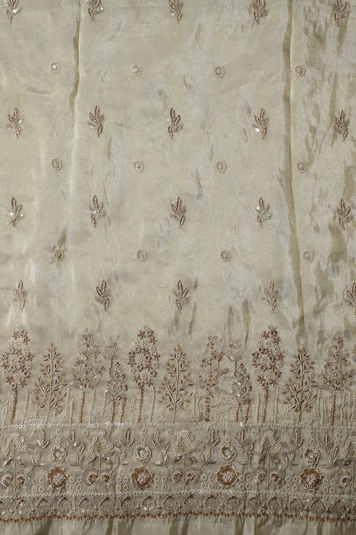 AIzaSyBcstauz-XMPRhEY21AUzeo032pxrXB5Ug - Big Width 56 Gold Sequins With Beads Floral Booti Embroidery On Dyeable Viscose Zari Tissue Fabric With Floral Border