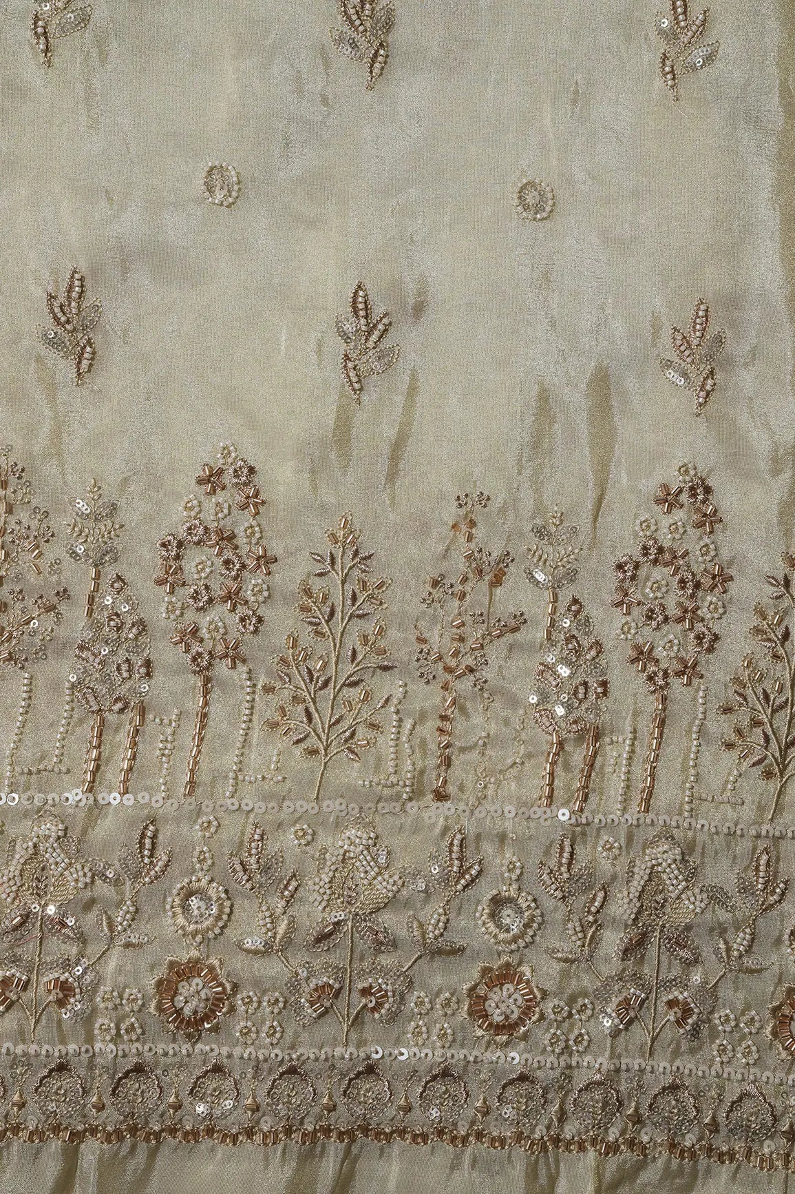 AIzaSyBcstauz-XMPRhEY21AUzeo032pxrXB5Ug - Big Width 56 Gold Sequins With Beads Floral Booti Embroidery On Dyeable Viscose Zari Tissue Fabric With Floral Border