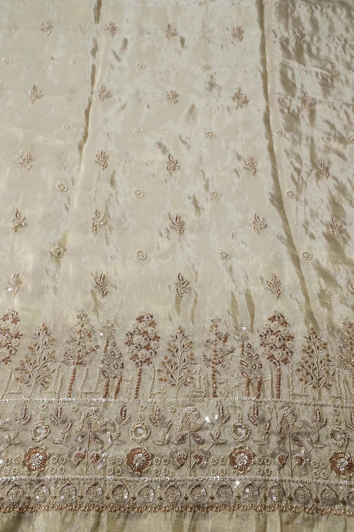 AIzaSyBcstauz-XMPRhEY21AUzeo032pxrXB5Ug - Big Width 56 Gold Sequins With Beads Floral Booti Embroidery On Dyeable Viscose Zari Tissue Fabric With Floral Border