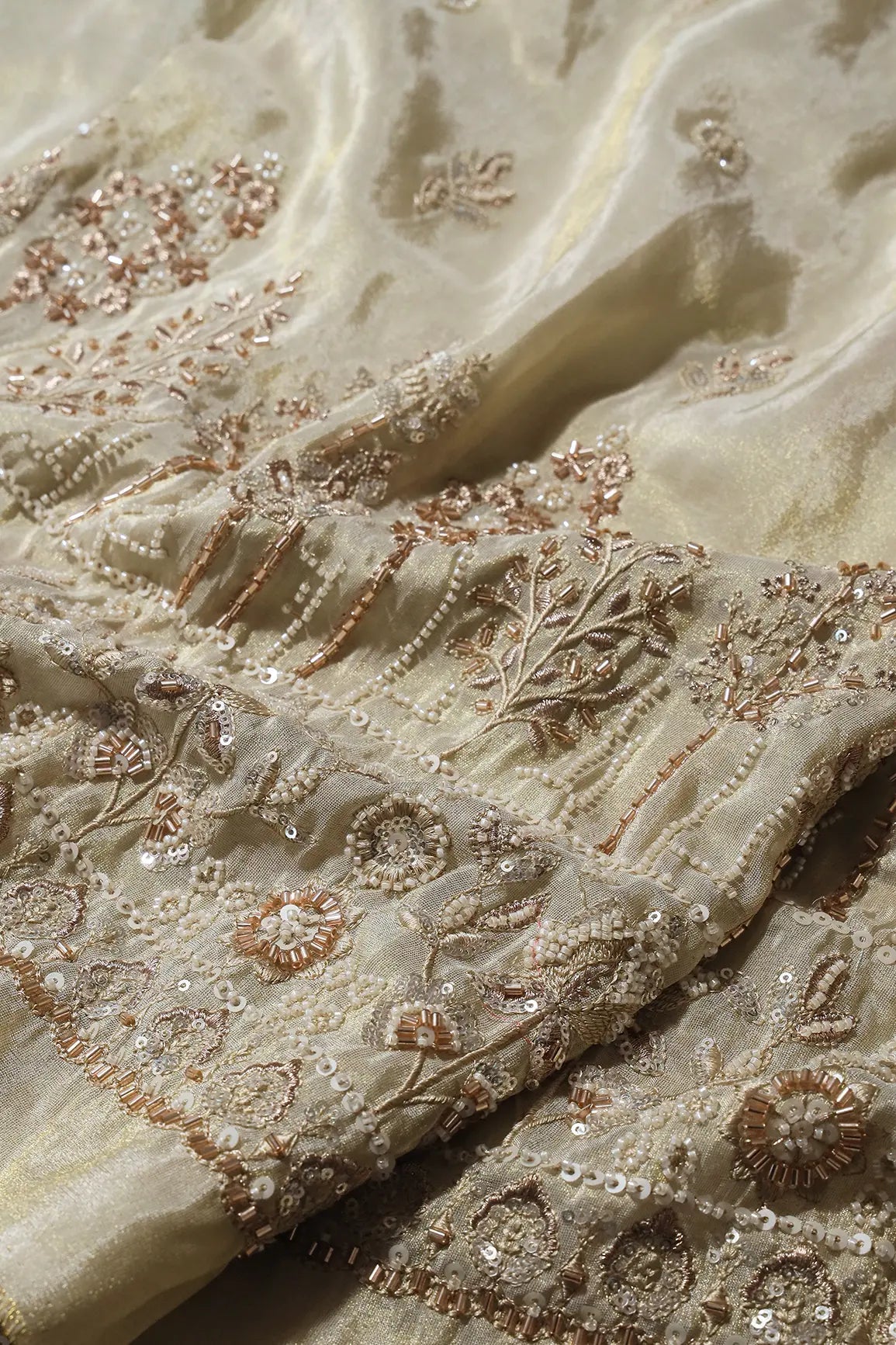 AIzaSyBcstauz-XMPRhEY21AUzeo032pxrXB5Ug - Big Width 56 Gold Sequins With Beads Floral Booti Embroidery On Dyeable Viscose Zari Tissue Fabric With Floral Border