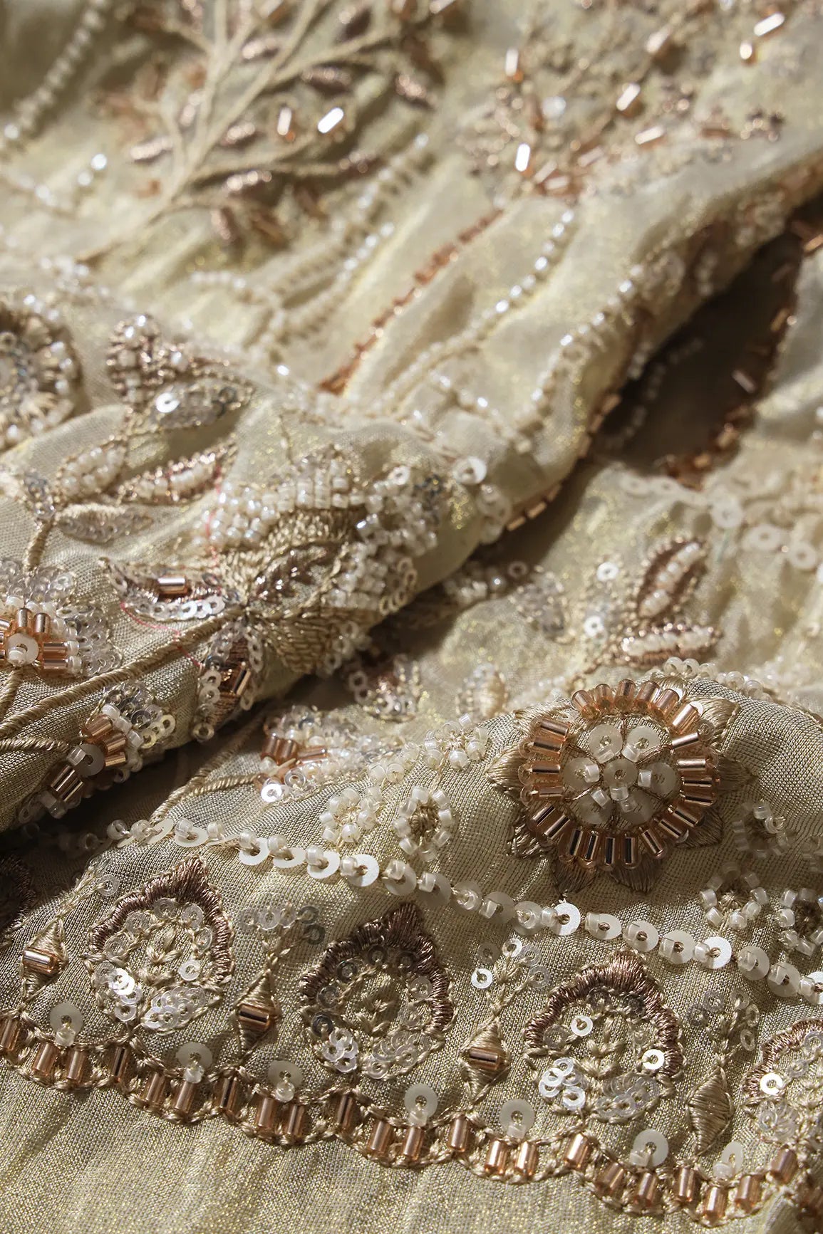 AIzaSyBcstauz-XMPRhEY21AUzeo032pxrXB5Ug - Big Width 56 Gold Sequins With Beads Floral Booti Embroidery On Dyeable Viscose Zari Tissue Fabric With Floral Border