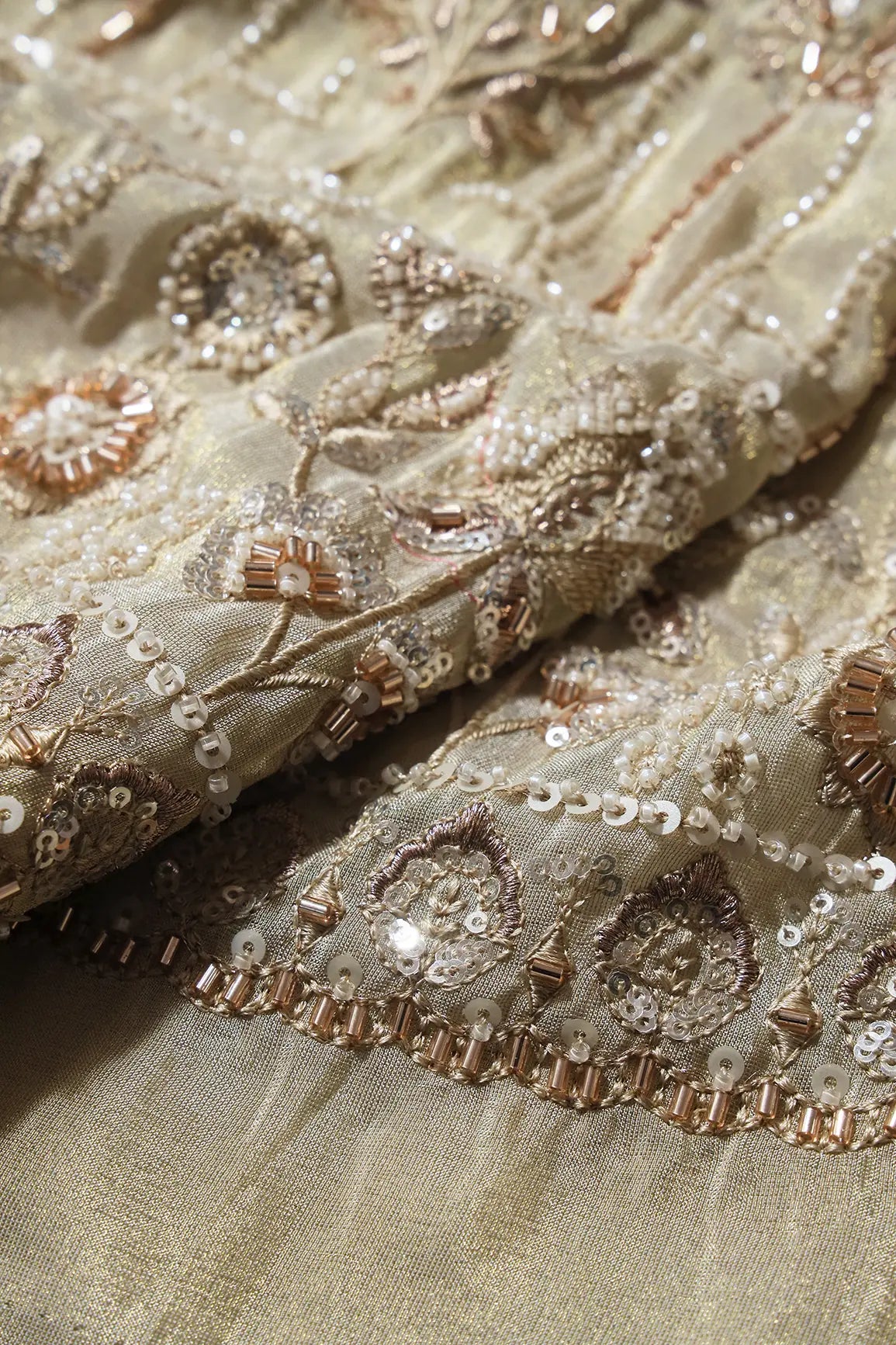 AIzaSyBcstauz-XMPRhEY21AUzeo032pxrXB5Ug - Big Width 56 Gold Sequins With Beads Floral Booti Embroidery On Dyeable Viscose Zari Tissue Fabric With Floral Border