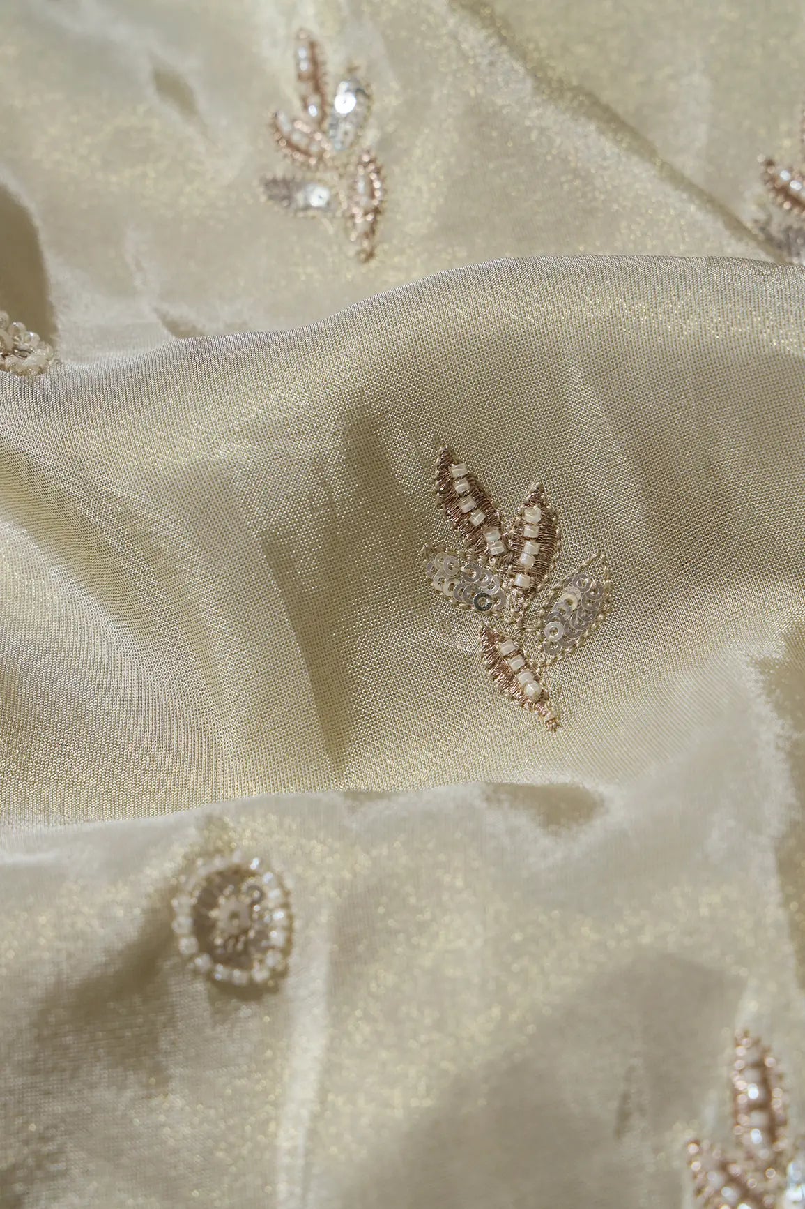 AIzaSyBcstauz-XMPRhEY21AUzeo032pxrXB5Ug - Big Width 56 Gold Sequins With Beads Floral Booti Embroidery On Dyeable Viscose Zari Tissue Fabric With Floral Border