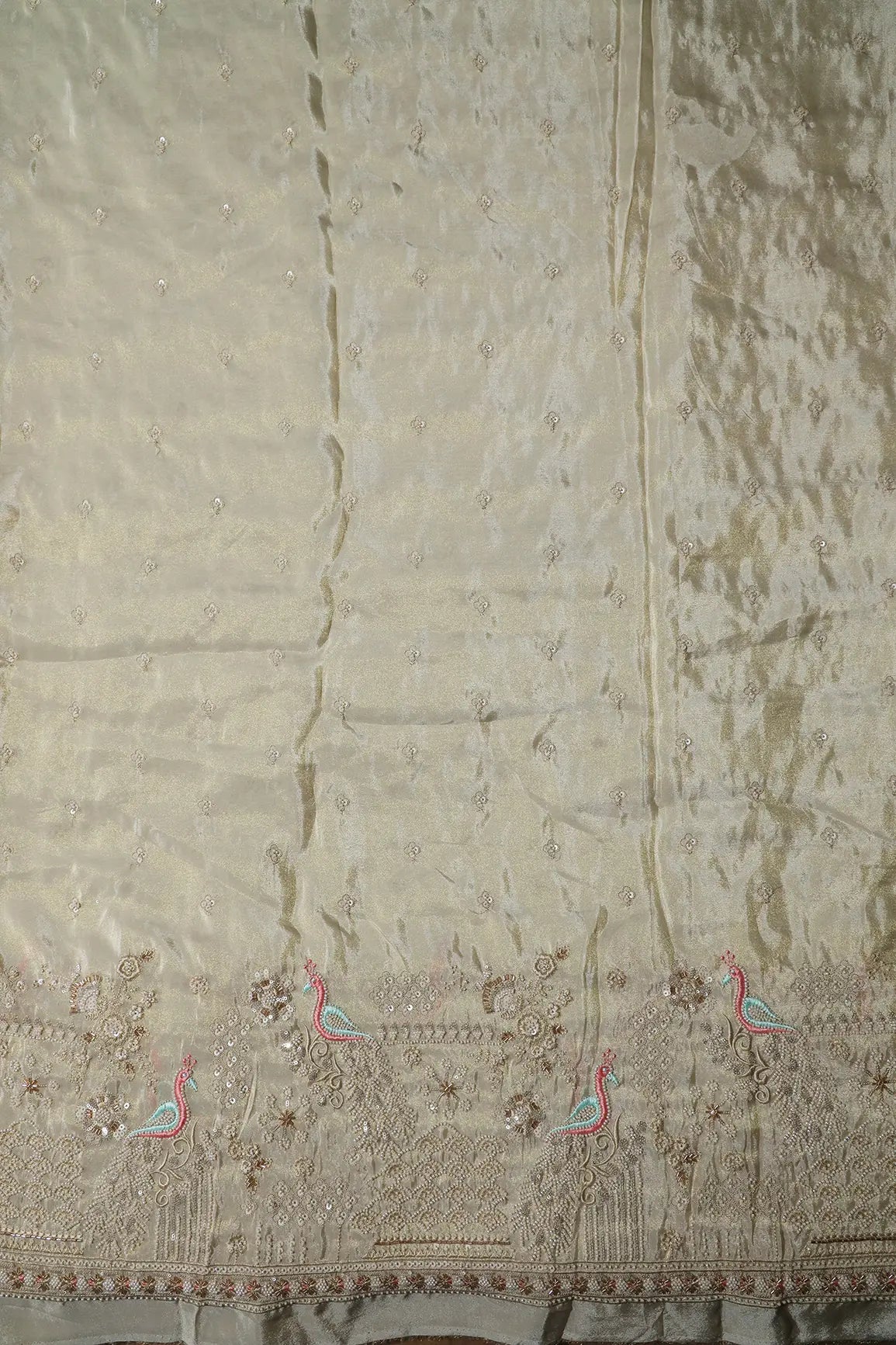 AIzaSyBcstauz-XMPRhEY21AUzeo032pxrXB5Ug - Big Width 56 Gold Sequins With Beads Floral Booti Embroidery On Dyeable Viscose Zari Tissue Fabric With Peacock Border