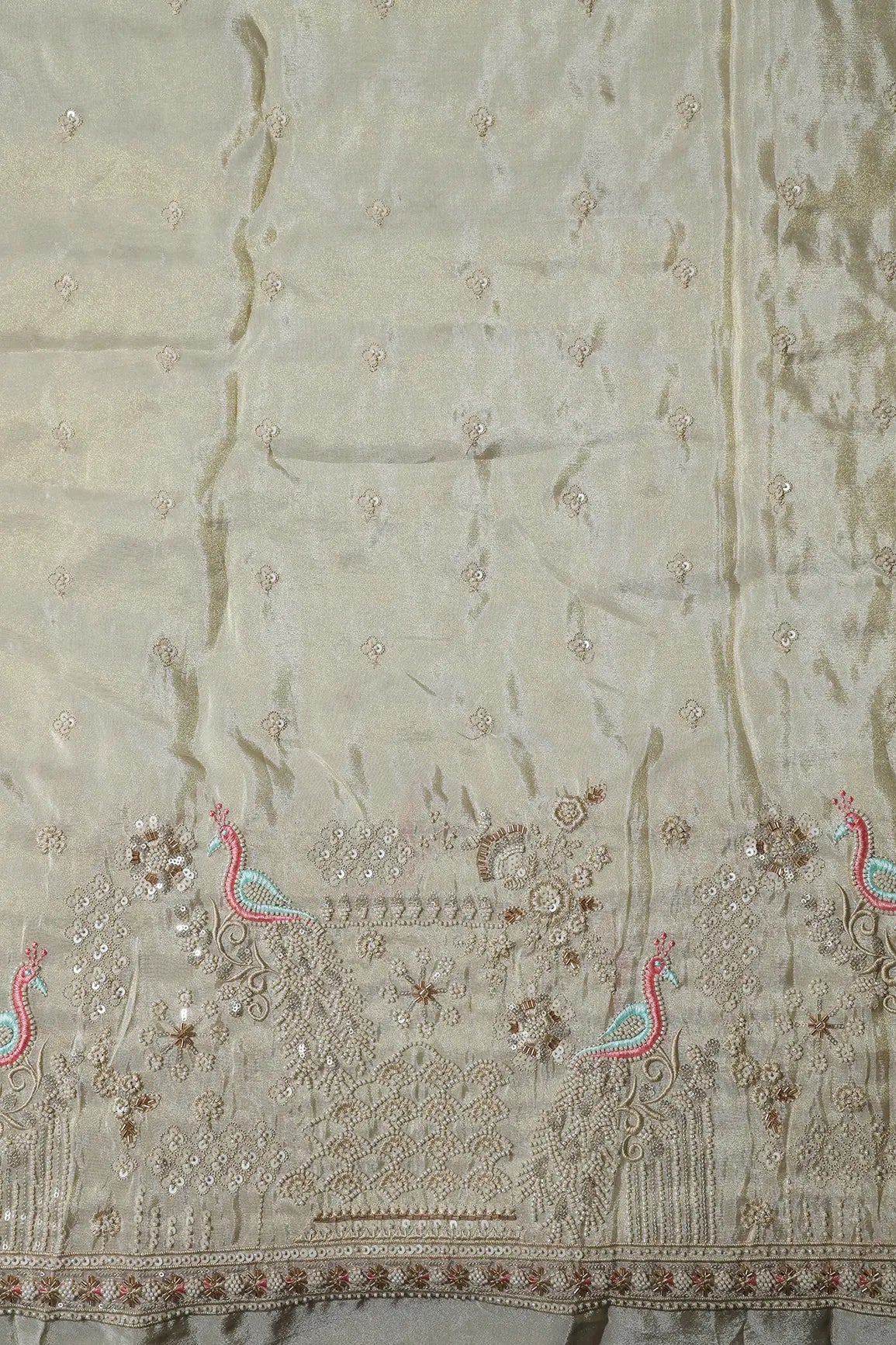 AIzaSyBcstauz-XMPRhEY21AUzeo032pxrXB5Ug - Big Width 56 Gold Sequins With Beads Floral Booti Embroidery On Dyeable Viscose Zari Tissue Fabric With Peacock Border