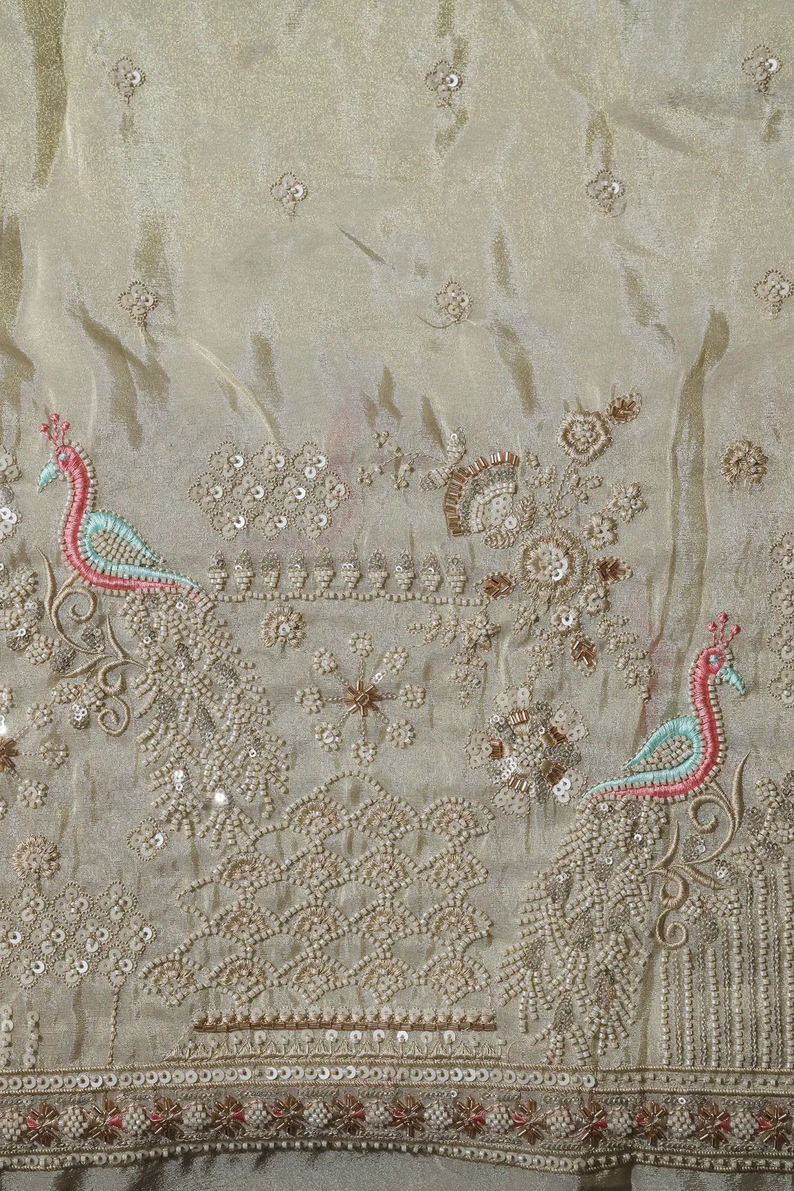 AIzaSyBcstauz-XMPRhEY21AUzeo032pxrXB5Ug - Big Width 56 Gold Sequins With Beads Floral Booti Embroidery On Dyeable Viscose Zari Tissue Fabric With Peacock Border