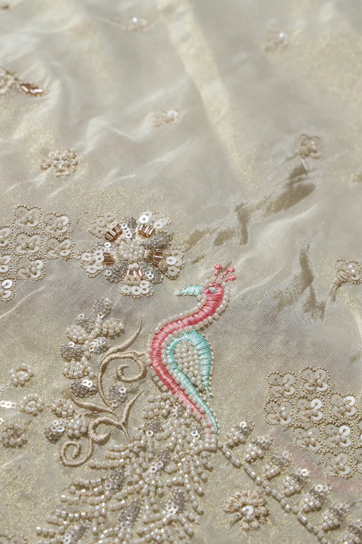 AIzaSyBcstauz-XMPRhEY21AUzeo032pxrXB5Ug - Big Width 56 Gold Sequins With Beads Floral Booti Embroidery On Dyeable Viscose Zari Tissue Fabric With Peacock Border