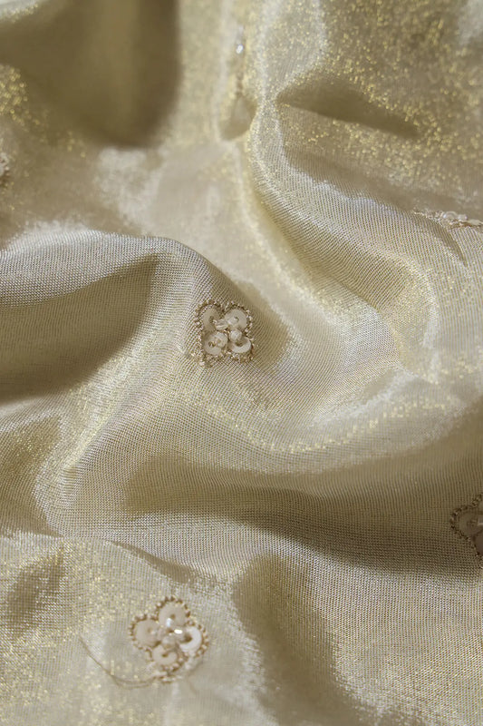 AIzaSyBcstauz-XMPRhEY21AUzeo032pxrXB5Ug - Big Width 56 Gold Sequins With Beads Floral Booti Embroidery On Dyeable Viscose Zari Tissue Fabric With Peacock Border