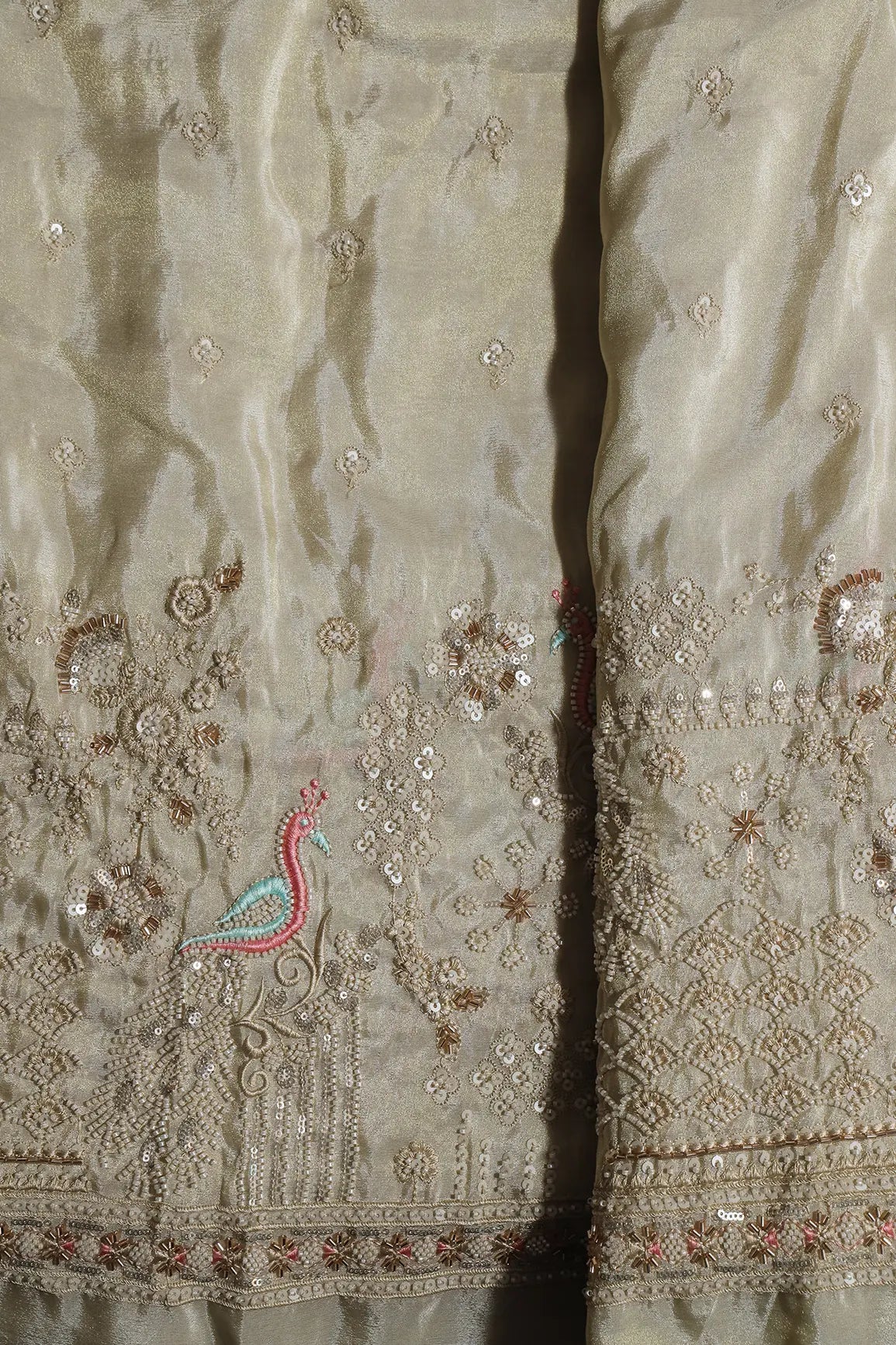 AIzaSyBcstauz-XMPRhEY21AUzeo032pxrXB5Ug - Big Width 56 Gold Sequins With Beads Floral Booti Embroidery On Dyeable Viscose Zari Tissue Fabric With Peacock Border