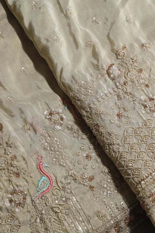 AIzaSyBcstauz-XMPRhEY21AUzeo032pxrXB5Ug - Big Width 56 Gold Sequins With Beads Floral Booti Embroidery On Dyeable Viscose Zari Tissue Fabric With Peacock Border