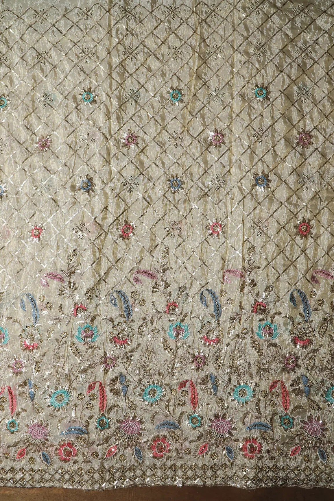 AIzaSyBcstauz-XMPRhEY21AUzeo032pxrXB5Ug - Big Width 56 Gold Sequins With Beads Checks Embroidery On Dyeable Viscose Zari Tissue Fabric With Floral Border