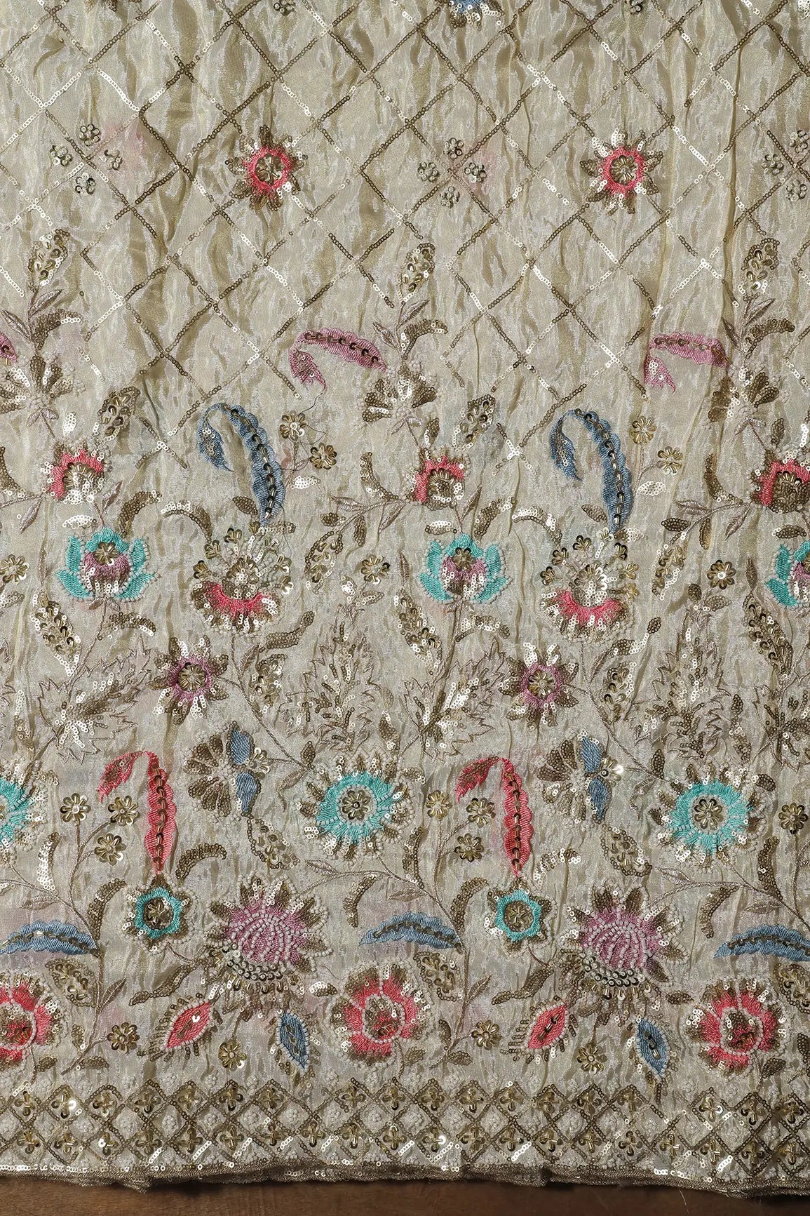 AIzaSyBcstauz-XMPRhEY21AUzeo032pxrXB5Ug - Big Width 56 Gold Sequins With Beads Checks Embroidery On Dyeable Viscose Zari Tissue Fabric With Floral Border