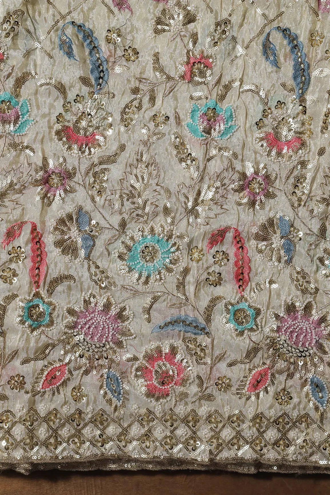 AIzaSyBcstauz-XMPRhEY21AUzeo032pxrXB5Ug - Big Width 56 Gold Sequins With Beads Checks Embroidery On Dyeable Viscose Zari Tissue Fabric With Floral Border