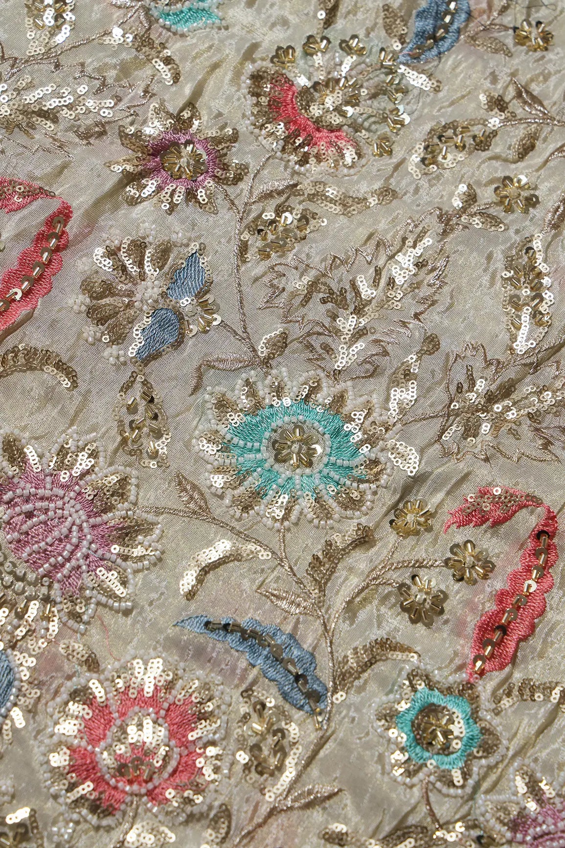 AIzaSyBcstauz-XMPRhEY21AUzeo032pxrXB5Ug - Big Width 56 Gold Sequins With Beads Checks Embroidery On Dyeable Viscose Zari Tissue Fabric With Floral Border