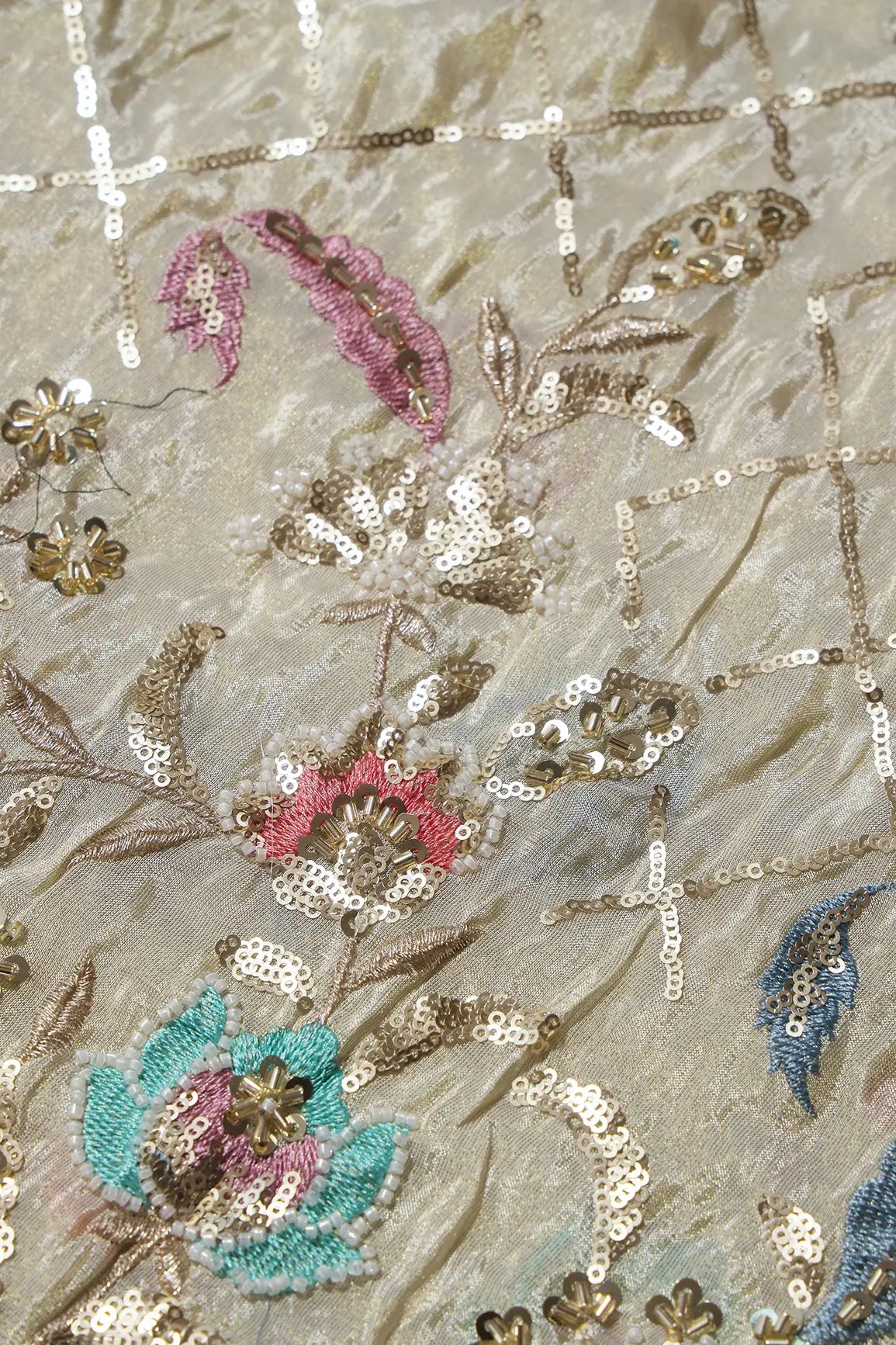 AIzaSyBcstauz-XMPRhEY21AUzeo032pxrXB5Ug - Big Width 56 Gold Sequins With Beads Checks Embroidery On Dyeable Viscose Zari Tissue Fabric With Floral Border