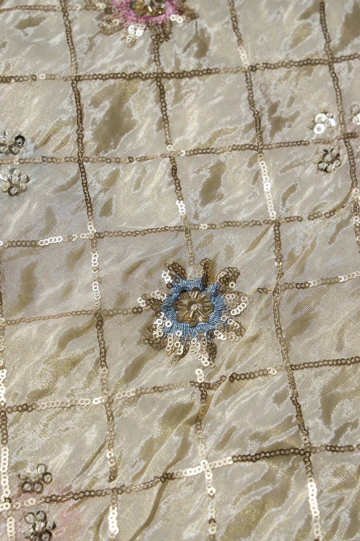 AIzaSyBcstauz-XMPRhEY21AUzeo032pxrXB5Ug - Big Width 56 Gold Sequins With Beads Checks Embroidery On Dyeable Viscose Zari Tissue Fabric With Floral Border