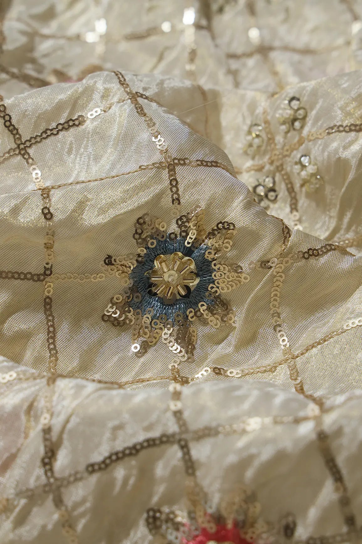 AIzaSyBcstauz-XMPRhEY21AUzeo032pxrXB5Ug - Big Width 56 Gold Sequins With Beads Checks Embroidery On Dyeable Viscose Zari Tissue Fabric With Floral Border