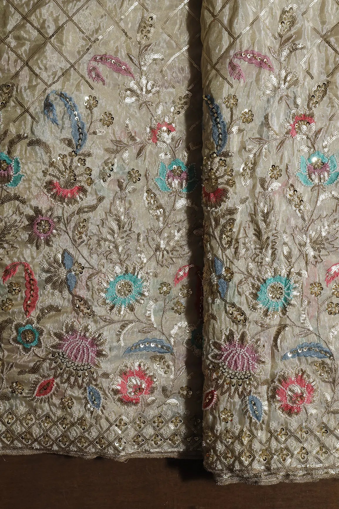 AIzaSyBcstauz-XMPRhEY21AUzeo032pxrXB5Ug - Big Width 56 Gold Sequins With Beads Checks Embroidery On Dyeable Viscose Zari Tissue Fabric With Floral Border