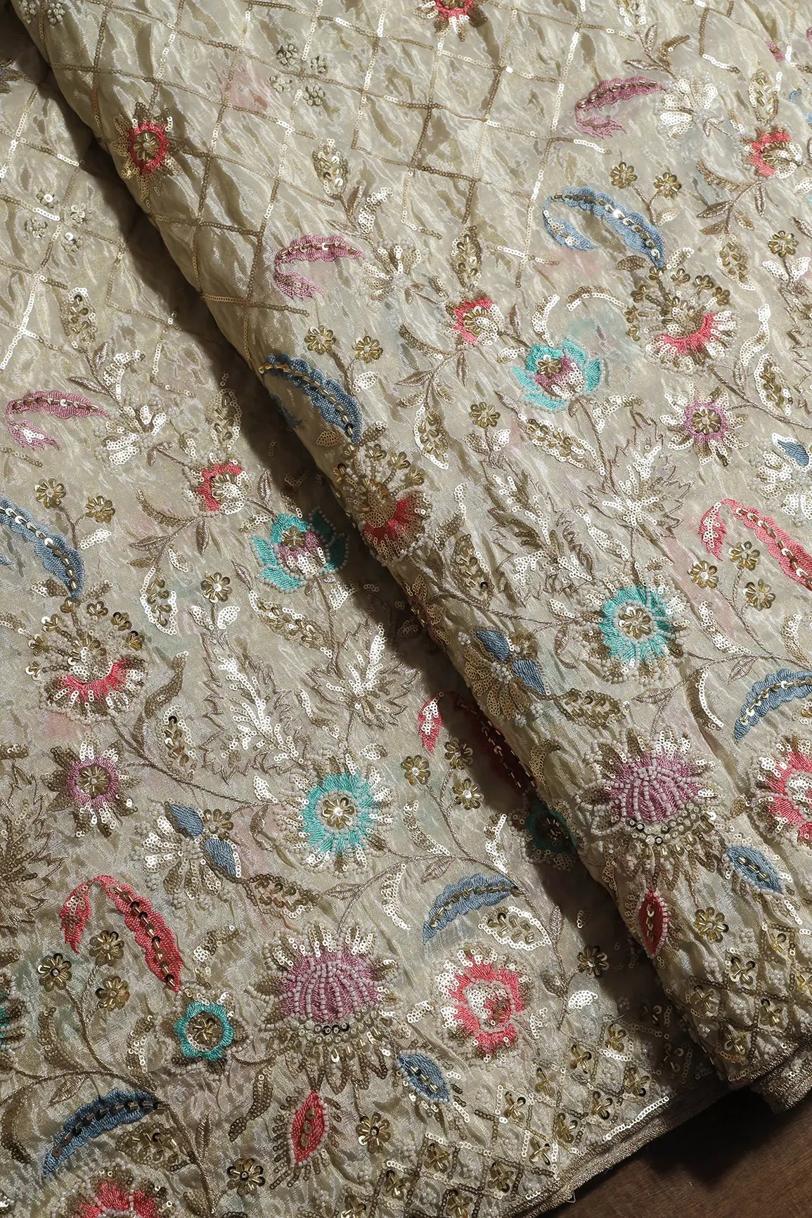 AIzaSyBcstauz-XMPRhEY21AUzeo032pxrXB5Ug - Big Width 56 Gold Sequins With Beads Checks Embroidery On Dyeable Viscose Zari Tissue Fabric With Floral Border