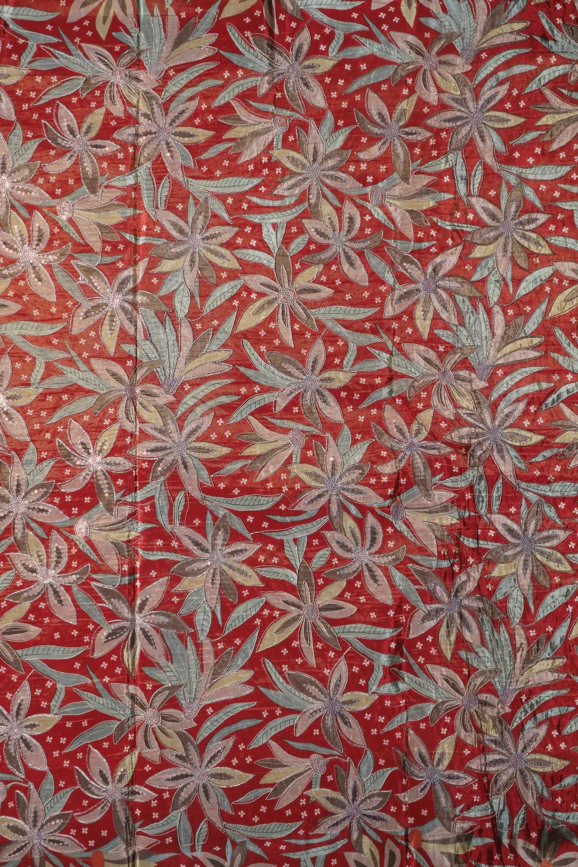 AIzaSyBcstauz-XMPRhEY21AUzeo032pxrXB5Ug - Floral Position Print On Sequins With Zari Embroidery Red Viscose Zari Tissue Fabric