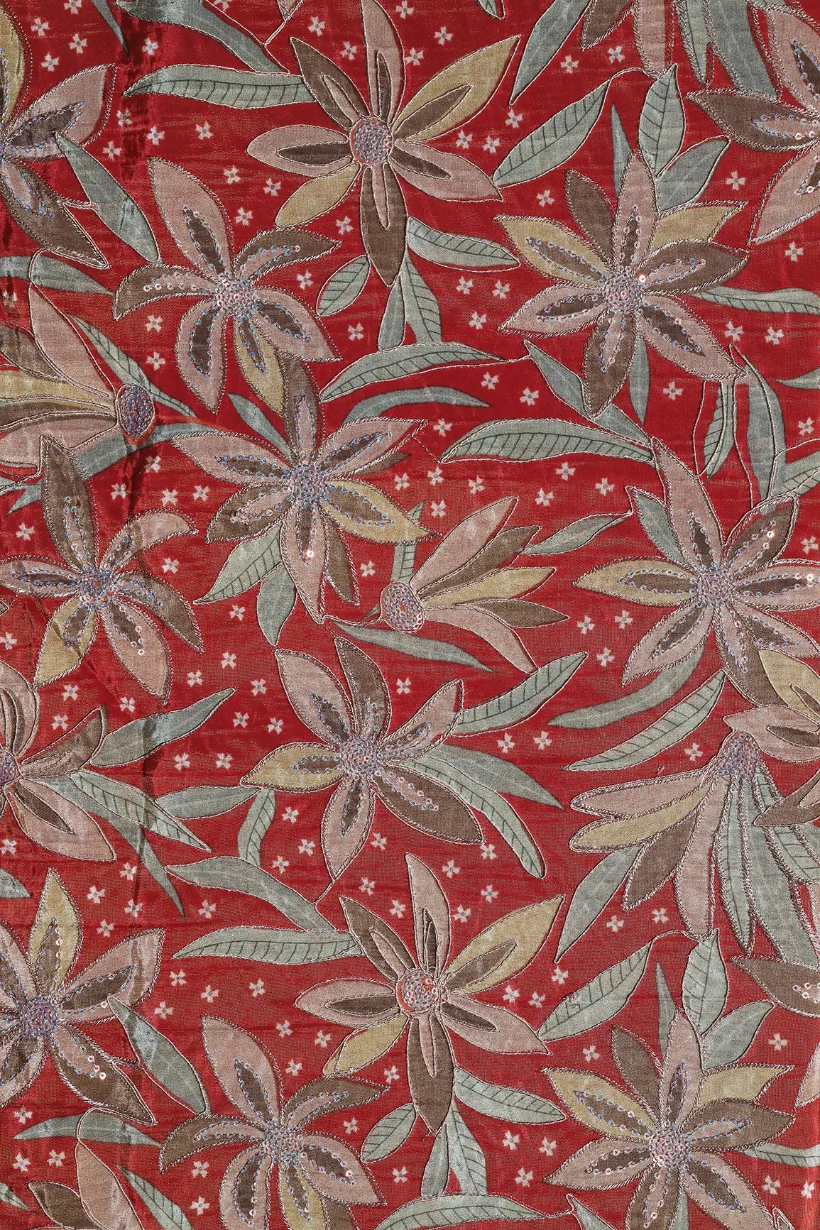 AIzaSyBcstauz-XMPRhEY21AUzeo032pxrXB5Ug - Floral Position Print On Sequins With Zari Embroidery Red Viscose Zari Tissue Fabric