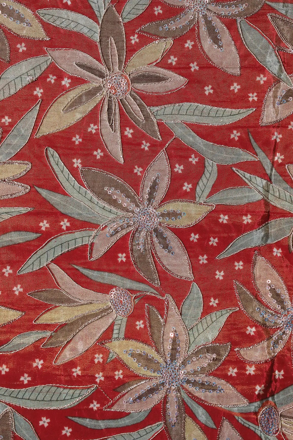 AIzaSyBcstauz-XMPRhEY21AUzeo032pxrXB5Ug - Floral Position Print On Sequins With Zari Embroidery Red Viscose Zari Tissue Fabric