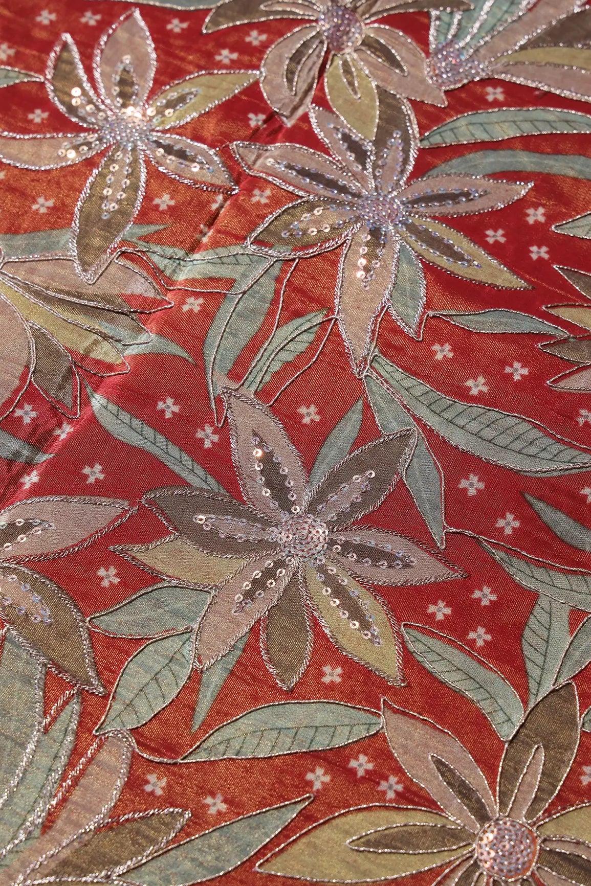 AIzaSyBcstauz-XMPRhEY21AUzeo032pxrXB5Ug - Floral Position Print On Sequins With Zari Embroidery Red Viscose Zari Tissue Fabric