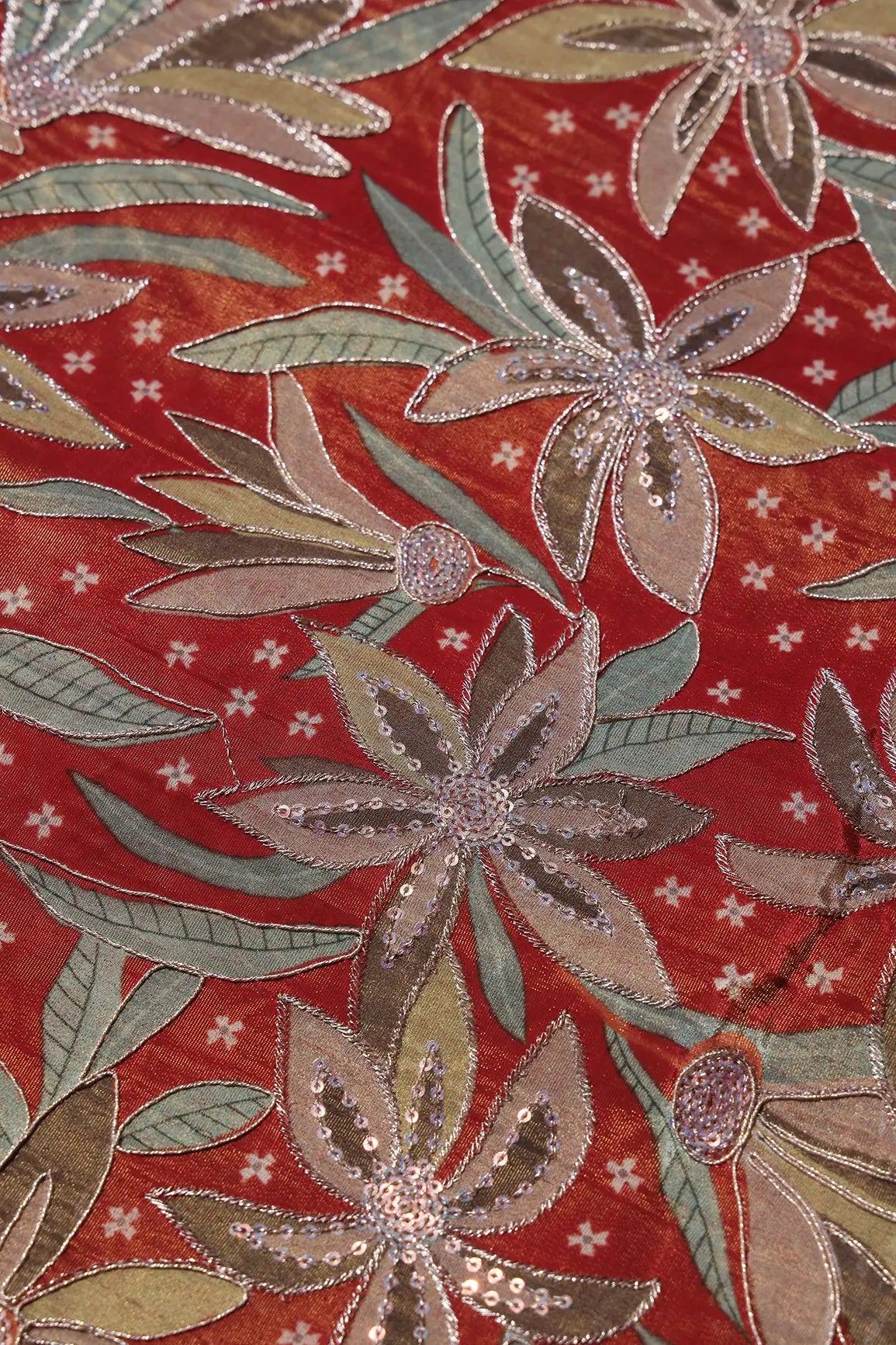 AIzaSyBcstauz-XMPRhEY21AUzeo032pxrXB5Ug - Floral Position Print On Sequins With Zari Embroidery Red Viscose Zari Tissue Fabric