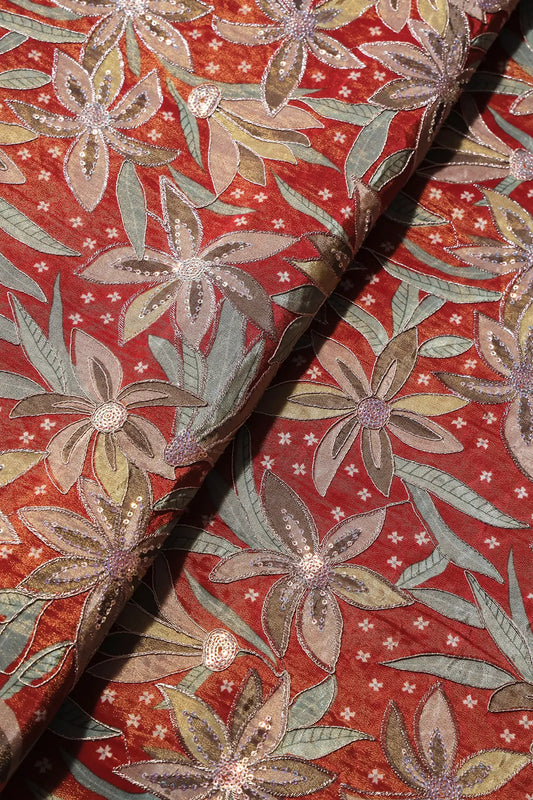 AIzaSyBcstauz-XMPRhEY21AUzeo032pxrXB5Ug - Floral Position Print On Sequins With Zari Embroidery Red Viscose Zari Tissue Fabric