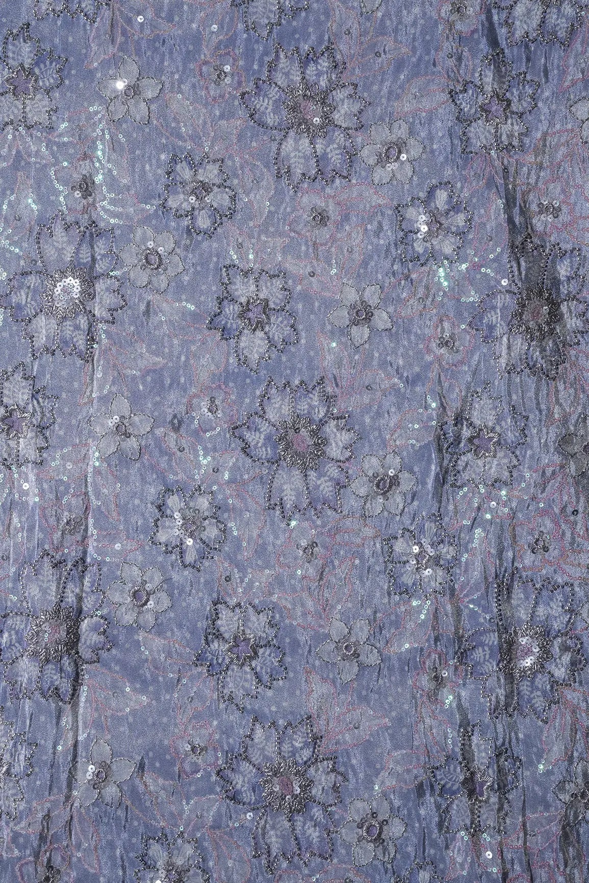 AIzaSyBcstauz-XMPRhEY21AUzeo032pxrXB5Ug - Floral Position Print On Sequins With Beads Embroidery Lilac Viscose Zari Tissue Fabric