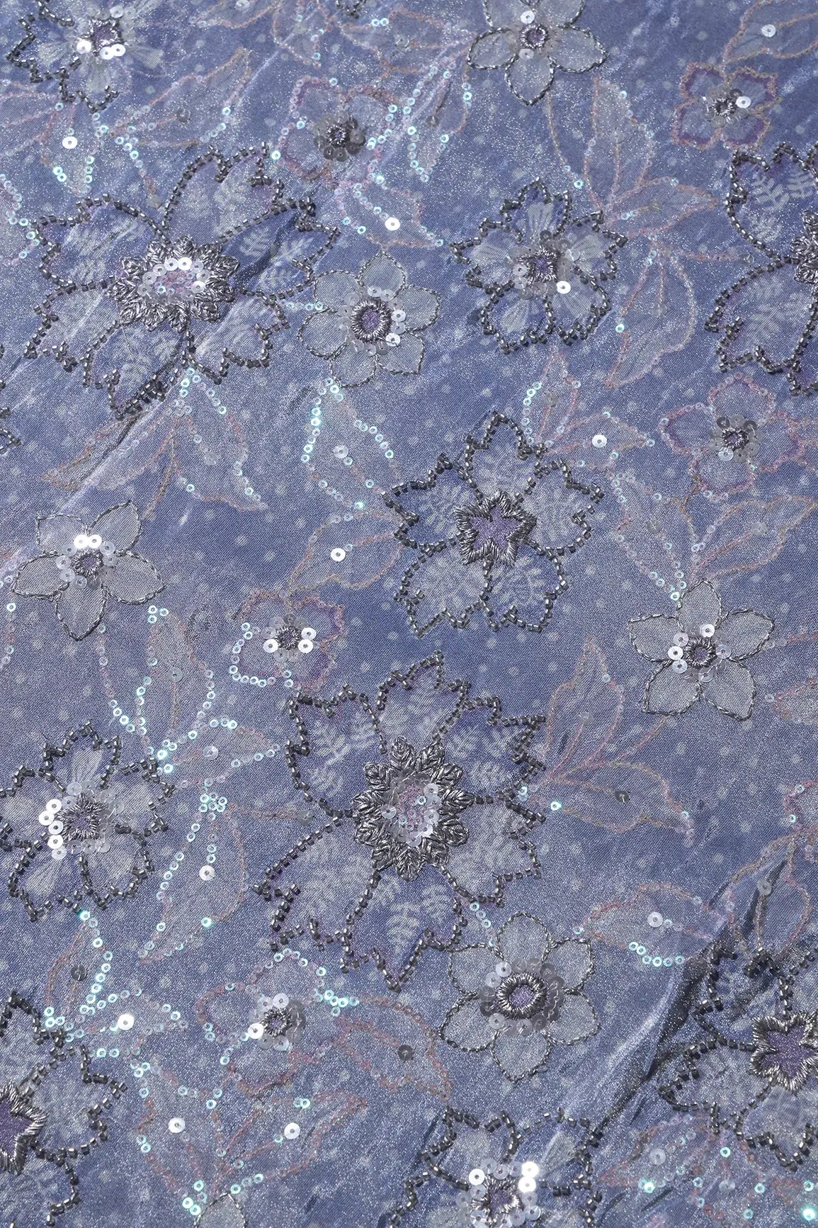 AIzaSyBcstauz-XMPRhEY21AUzeo032pxrXB5Ug - Floral Position Print On Sequins With Beads Embroidery Lilac Viscose Zari Tissue Fabric