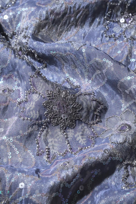 AIzaSyBcstauz-XMPRhEY21AUzeo032pxrXB5Ug - Floral Position Print On Sequins With Beads Embroidery Lilac Viscose Zari Tissue Fabric