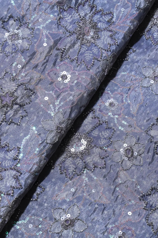 AIzaSyBcstauz-XMPRhEY21AUzeo032pxrXB5Ug - Floral Position Print On Sequins With Beads Embroidery Lilac Viscose Zari Tissue Fabric