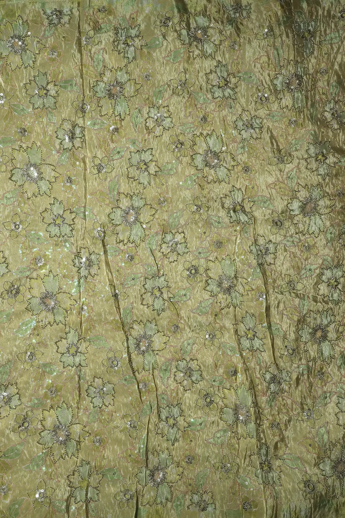 AIzaSyBcstauz-XMPRhEY21AUzeo032pxrXB5Ug - Floral Position Print On Sequins With Beads Embroidery Parrot Green Viscose Zari Tissue Fabric