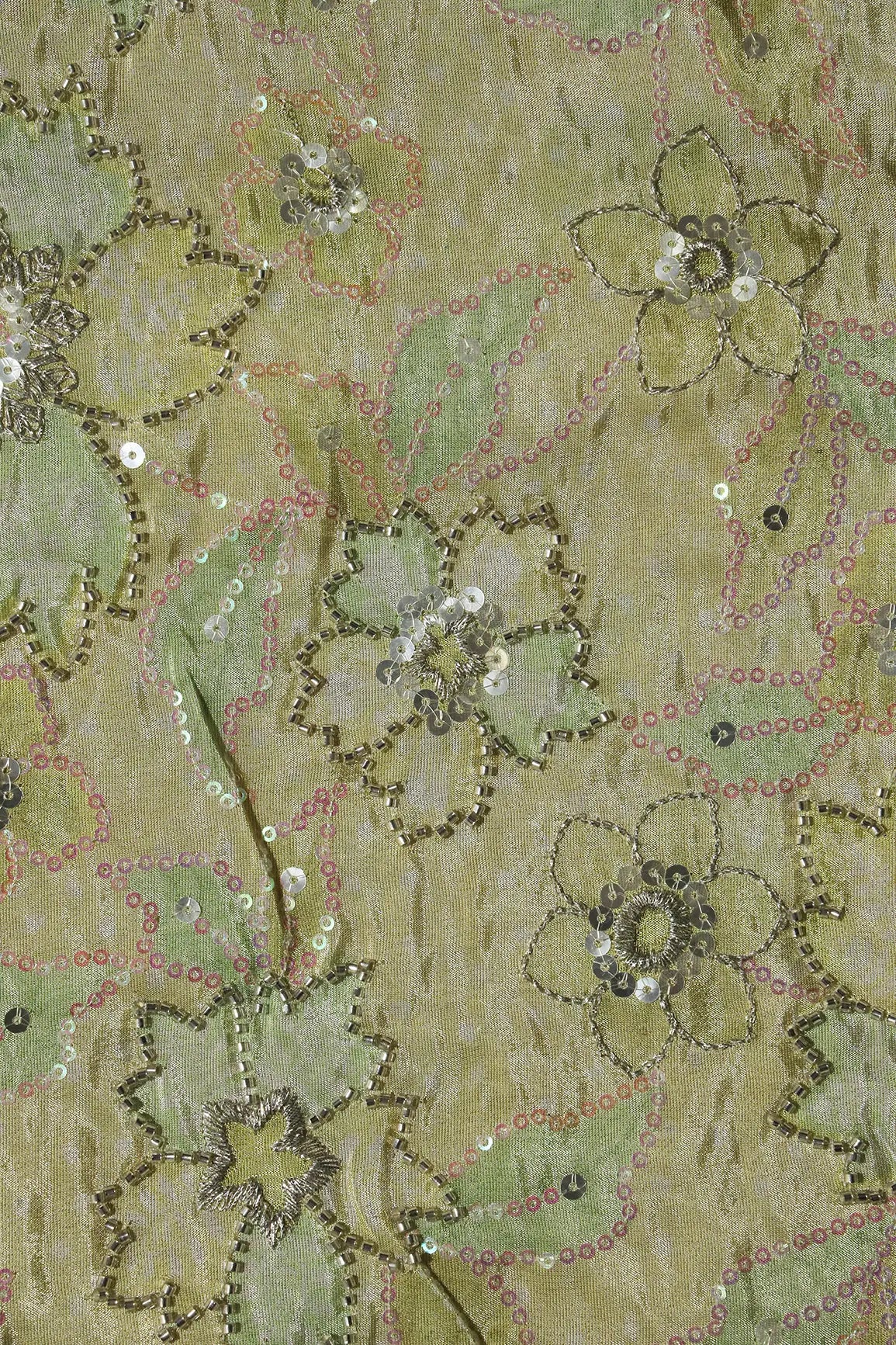 AIzaSyBcstauz-XMPRhEY21AUzeo032pxrXB5Ug - Floral Position Print On Sequins With Beads Embroidery Parrot Green Viscose Zari Tissue Fabric