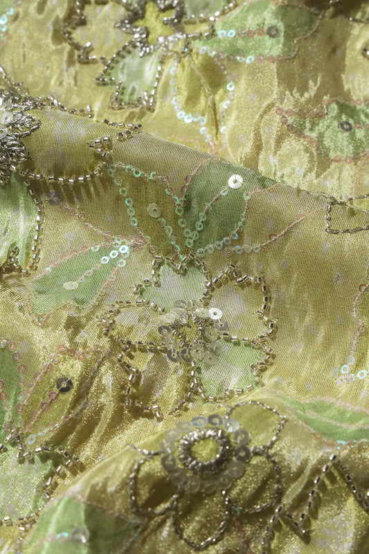 AIzaSyBcstauz-XMPRhEY21AUzeo032pxrXB5Ug - Floral Position Print On Sequins With Beads Embroidery Parrot Green Viscose Zari Tissue Fabric