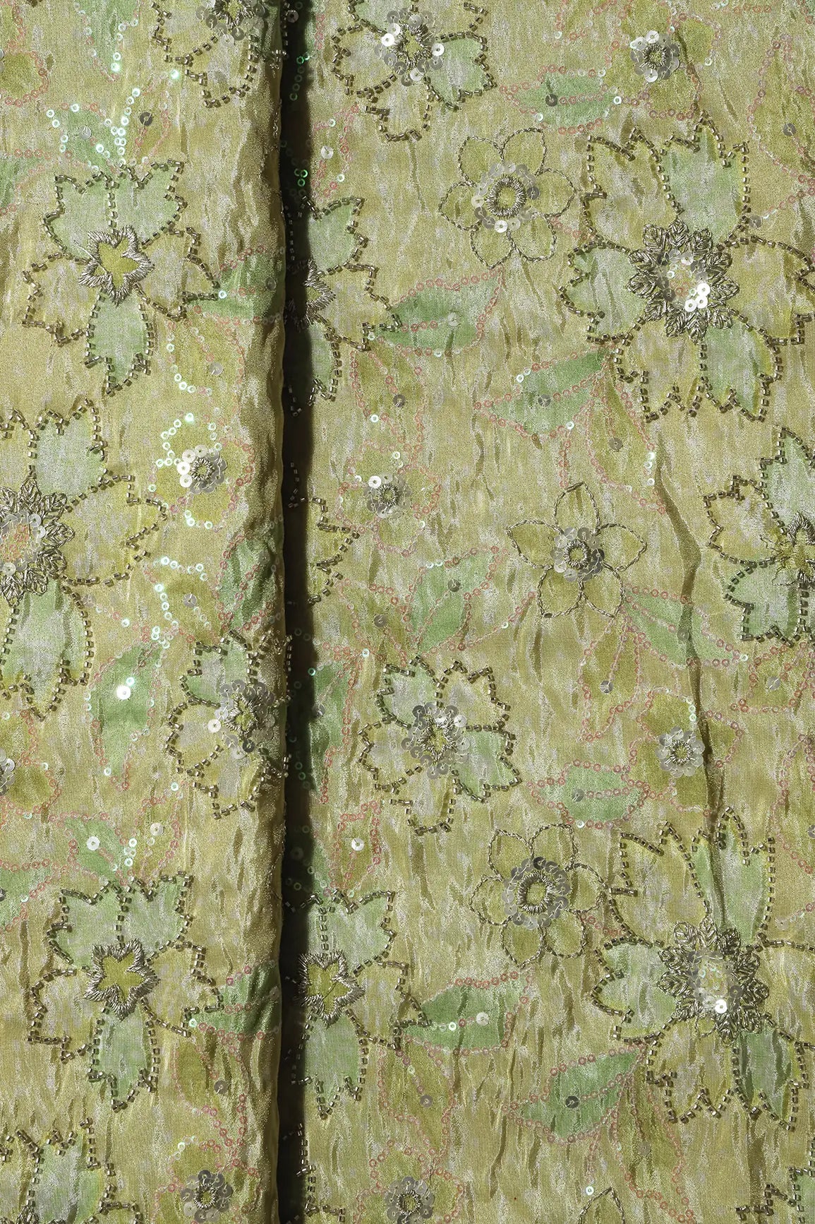 AIzaSyBcstauz-XMPRhEY21AUzeo032pxrXB5Ug - Floral Position Print On Sequins With Beads Embroidery Parrot Green Viscose Zari Tissue Fabric