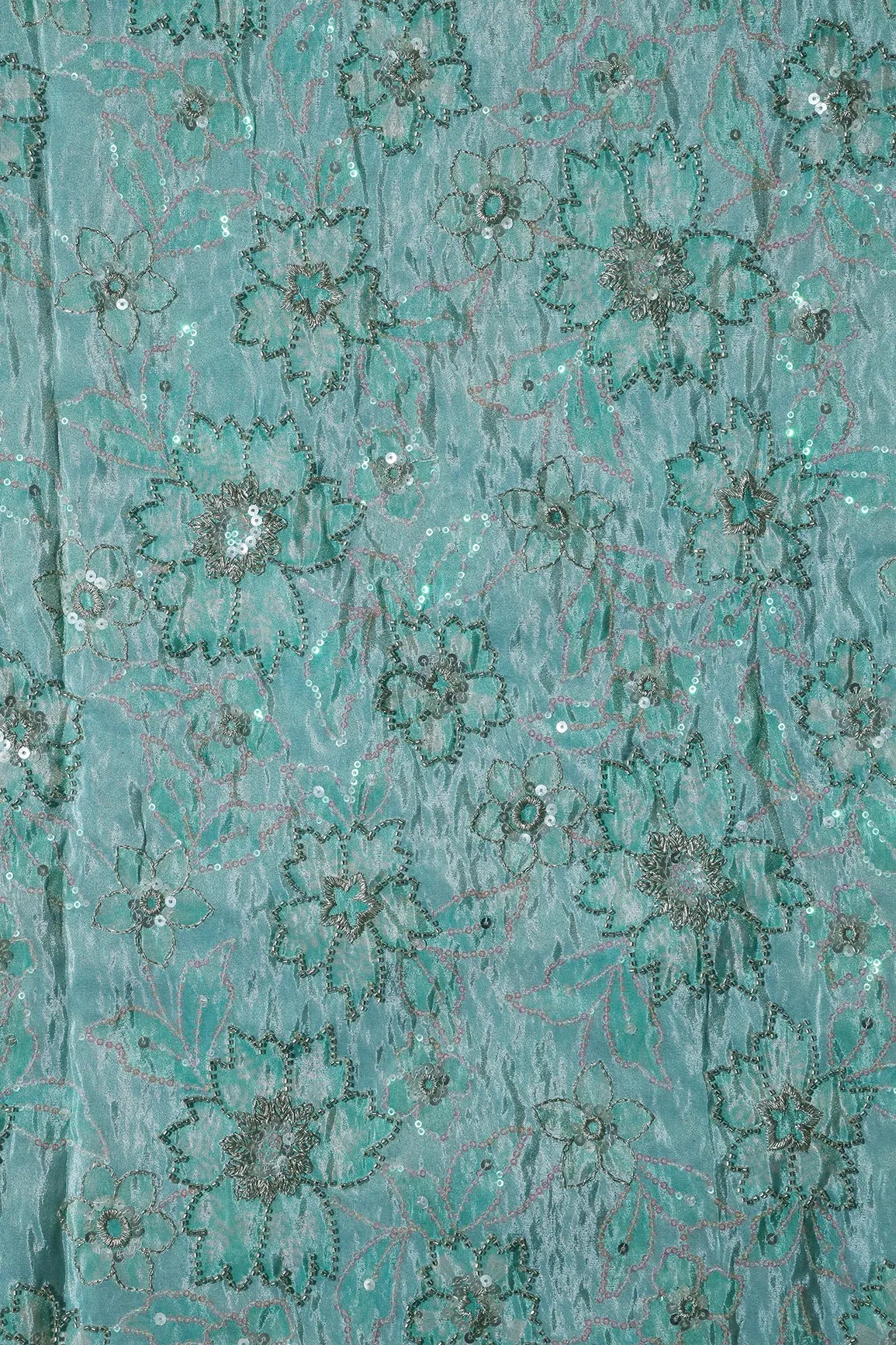 AIzaSyBcstauz-XMPRhEY21AUzeo032pxrXB5Ug - Floral Position Print On Sequins With Beads Embroidery Teal Viscose Zari Tissue Fabric Fabric