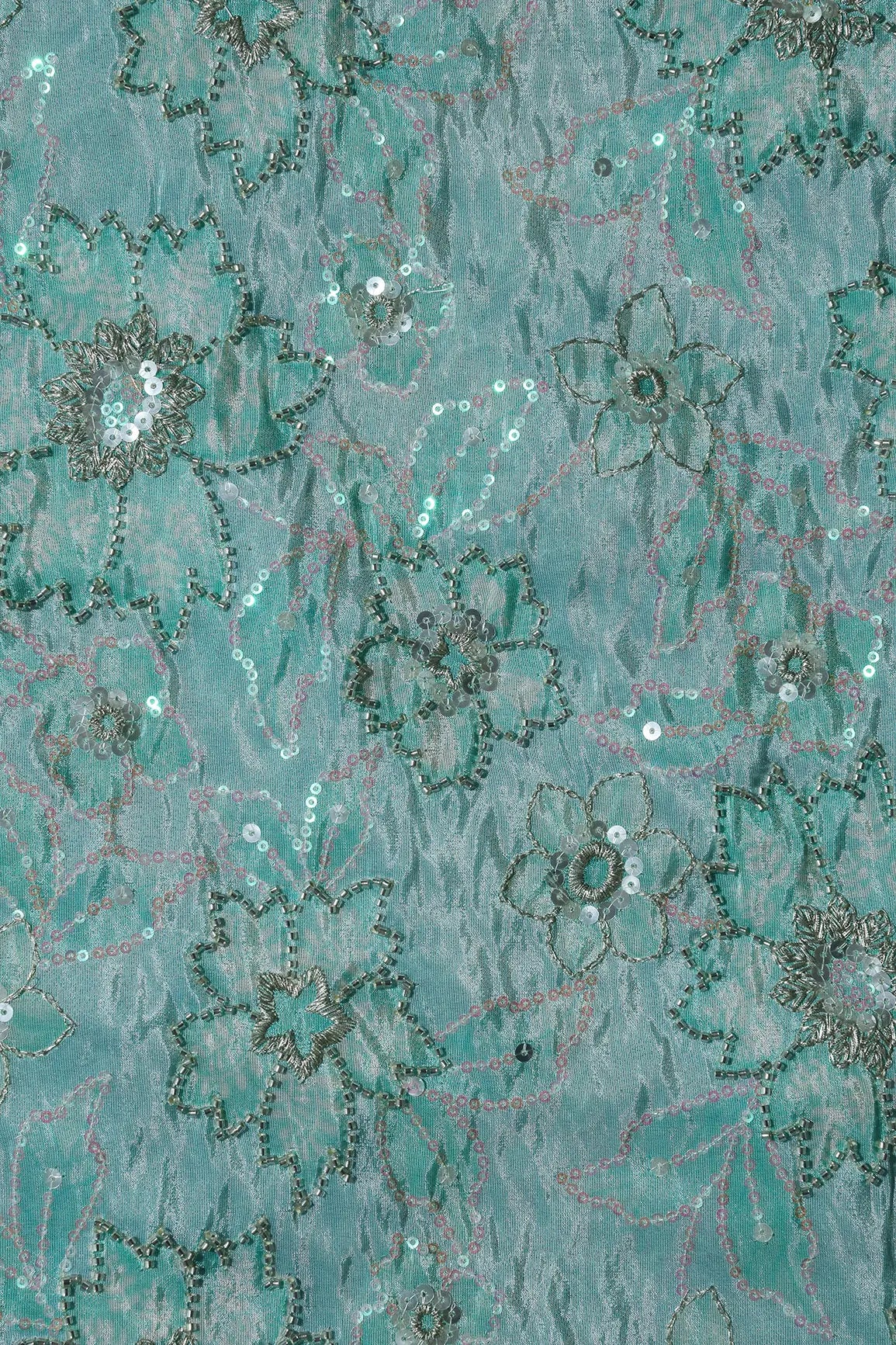 AIzaSyBcstauz-XMPRhEY21AUzeo032pxrXB5Ug - Floral Position Print On Sequins With Beads Embroidery Teal Viscose Zari Tissue Fabric Fabric