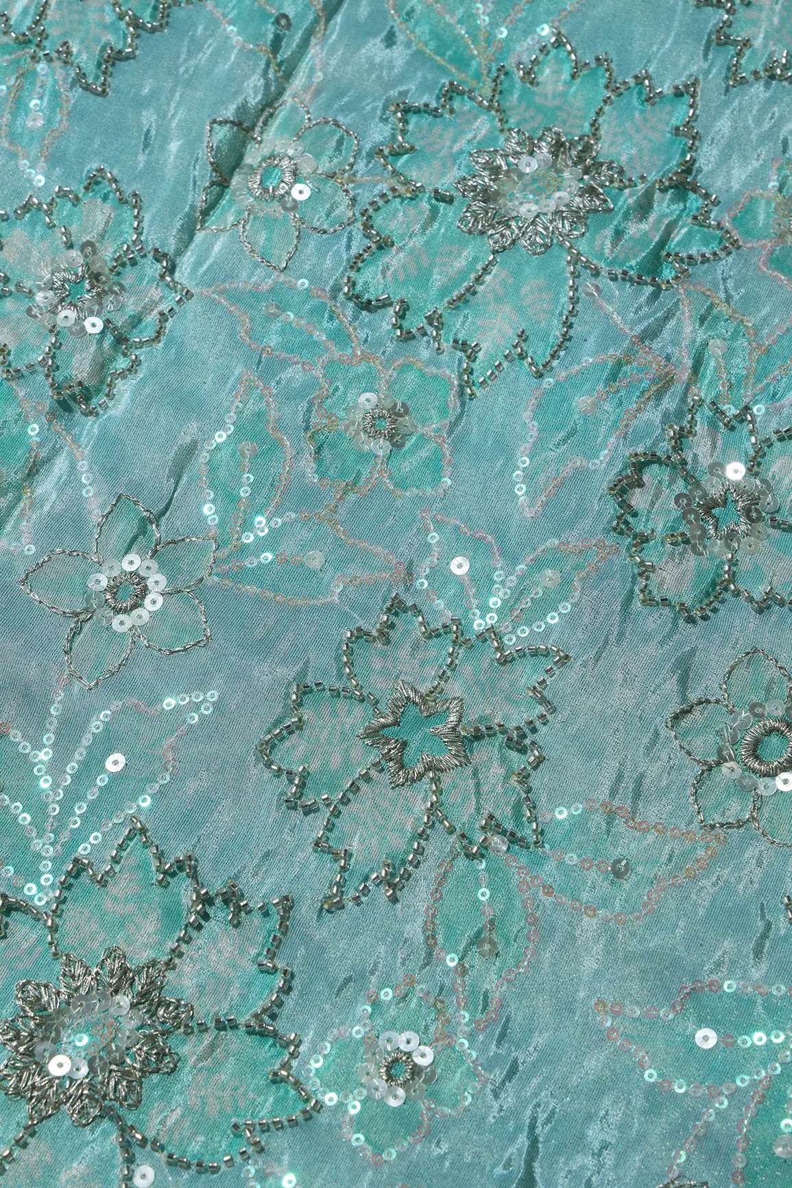 AIzaSyBcstauz-XMPRhEY21AUzeo032pxrXB5Ug - Floral Position Print On Sequins With Beads Embroidery Teal Viscose Zari Tissue Fabric Fabric