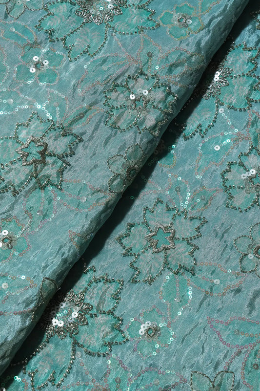 AIzaSyBcstauz-XMPRhEY21AUzeo032pxrXB5Ug - Floral Position Print On Sequins With Beads Embroidery Teal Viscose Zari Tissue Fabric Fabric