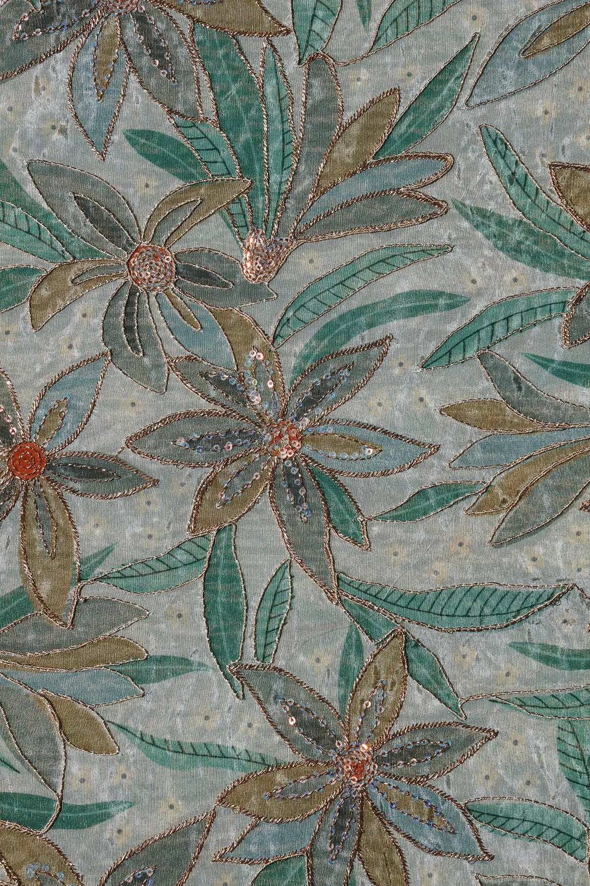 AIzaSyBcstauz-XMPRhEY21AUzeo032pxrXB5Ug - Floral Position Print On Sequins With Zari Embroidery  Light Grey Viscose Zari Tissue Fabric