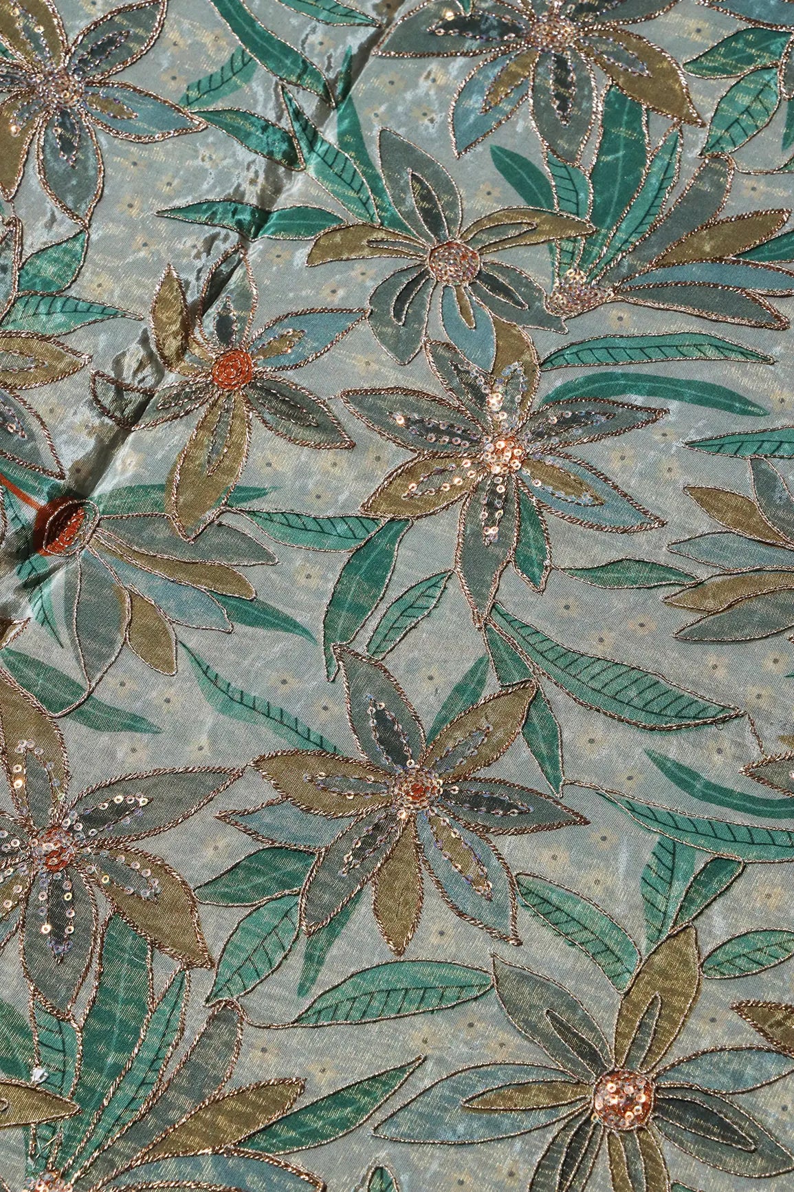 AIzaSyBcstauz-XMPRhEY21AUzeo032pxrXB5Ug - Floral Position Print On Sequins With Zari Embroidery  Light Grey Viscose Zari Tissue Fabric