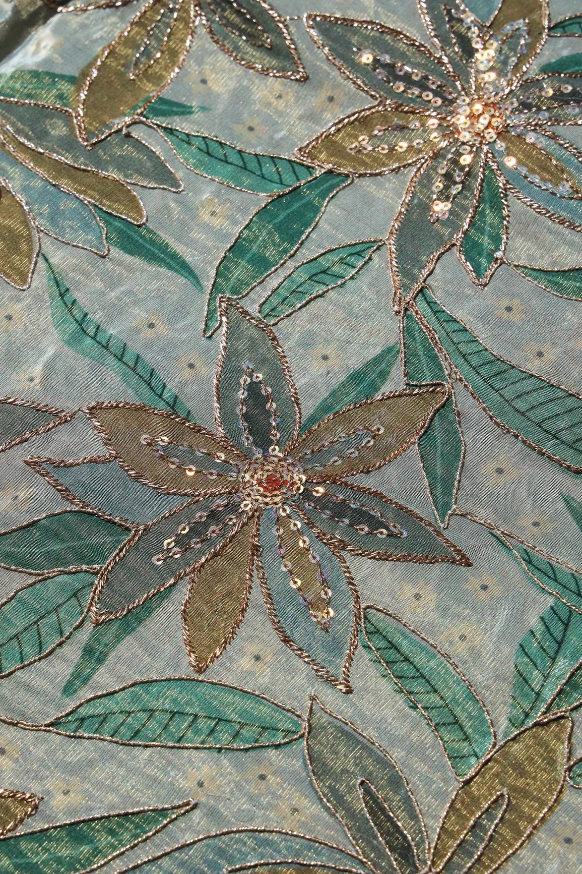 AIzaSyBcstauz-XMPRhEY21AUzeo032pxrXB5Ug - Floral Position Print On Sequins With Zari Embroidery  Light Grey Viscose Zari Tissue Fabric