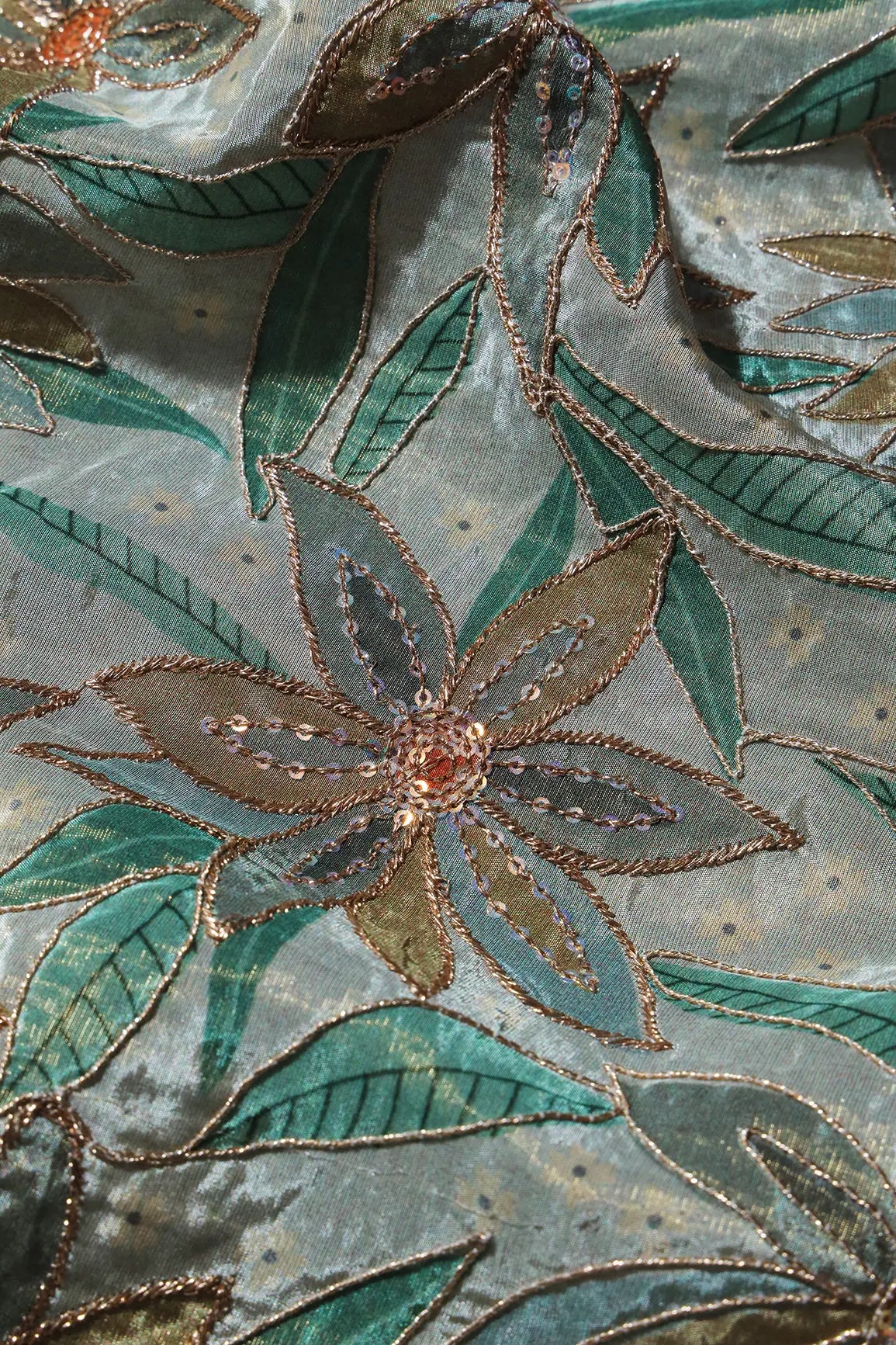 AIzaSyBcstauz-XMPRhEY21AUzeo032pxrXB5Ug - Floral Position Print On Sequins With Zari Embroidery  Light Grey Viscose Zari Tissue Fabric