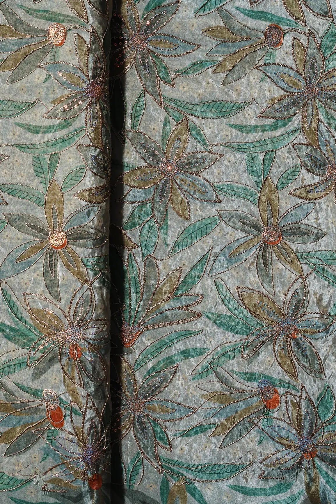 AIzaSyBcstauz-XMPRhEY21AUzeo032pxrXB5Ug - Floral Position Print On Sequins With Zari Embroidery  Light Grey Viscose Zari Tissue Fabric