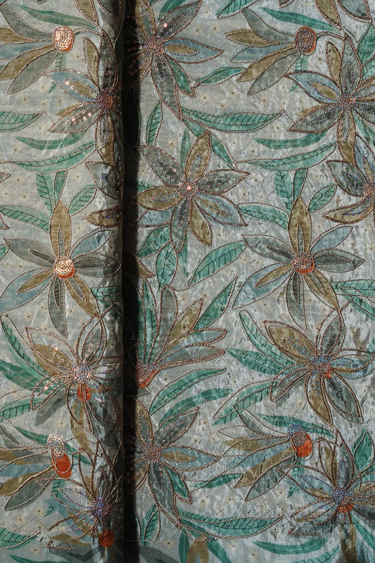 AIzaSyBcstauz-XMPRhEY21AUzeo032pxrXB5Ug - Floral Position Print On Sequins With Zari Embroidery  Light Grey Viscose Zari Tissue Fabric