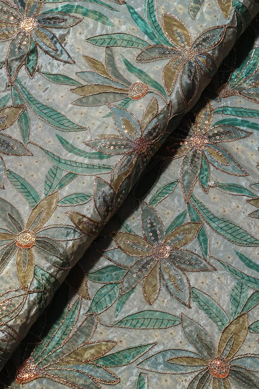 AIzaSyBcstauz-XMPRhEY21AUzeo032pxrXB5Ug - Floral Position Print On Sequins With Zari Embroidery  Light Grey Viscose Zari Tissue Fabric