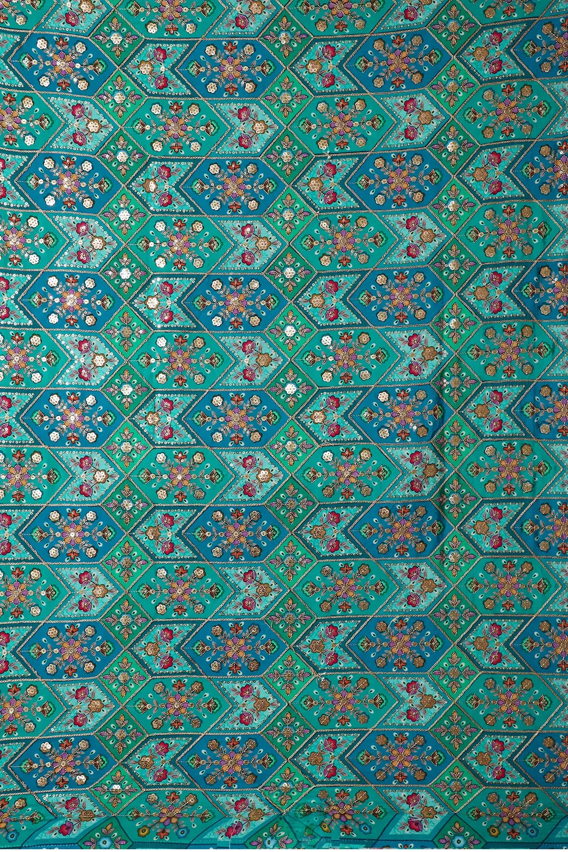 AIzaSyBcstauz-XMPRhEY21AUzeo032pxrXB5Ug - Green And Rama Traditional Positional Print With Gold Zari And Sequins Embroidery On Crepe Fabric
