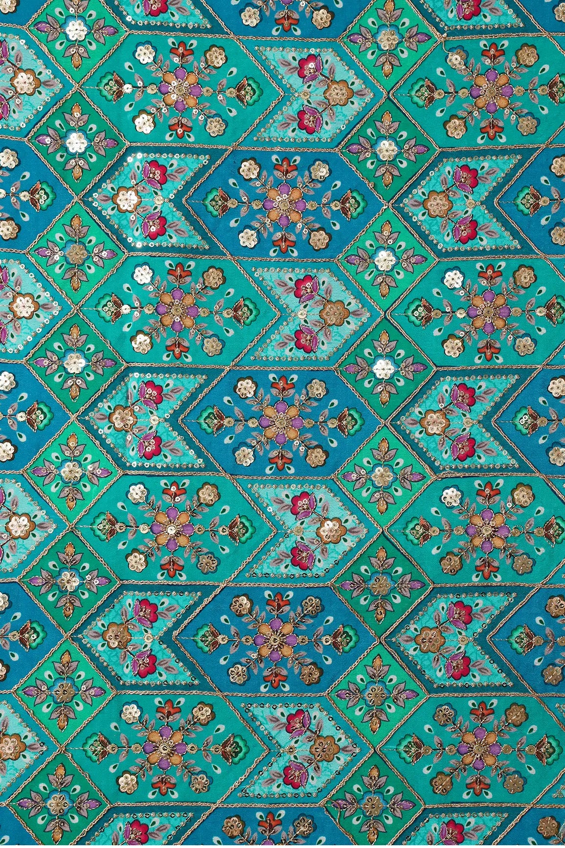 AIzaSyBcstauz-XMPRhEY21AUzeo032pxrXB5Ug - Green And Rama Traditional Positional Print With Gold Zari And Sequins Embroidery On Crepe Fabric